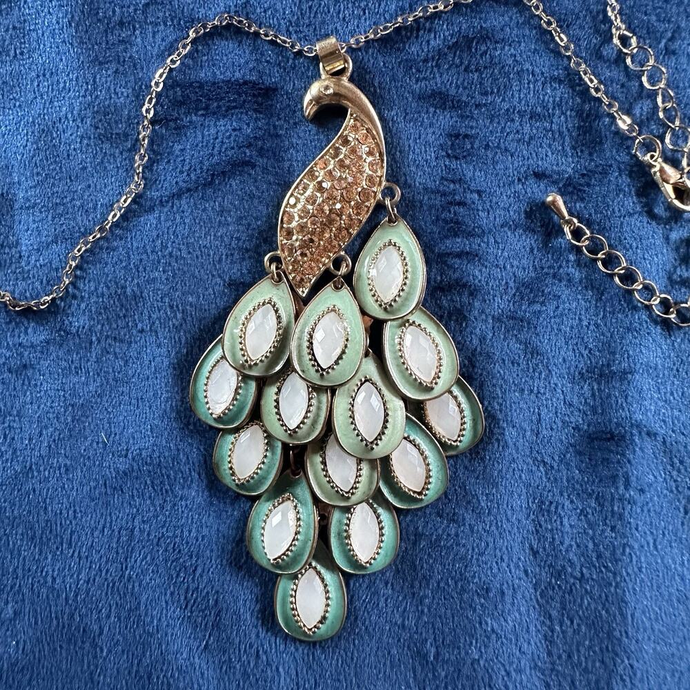 Peacock Enamel Necklace Pastels Pink rhinestones , Mint enamel and Pearl 28-31"